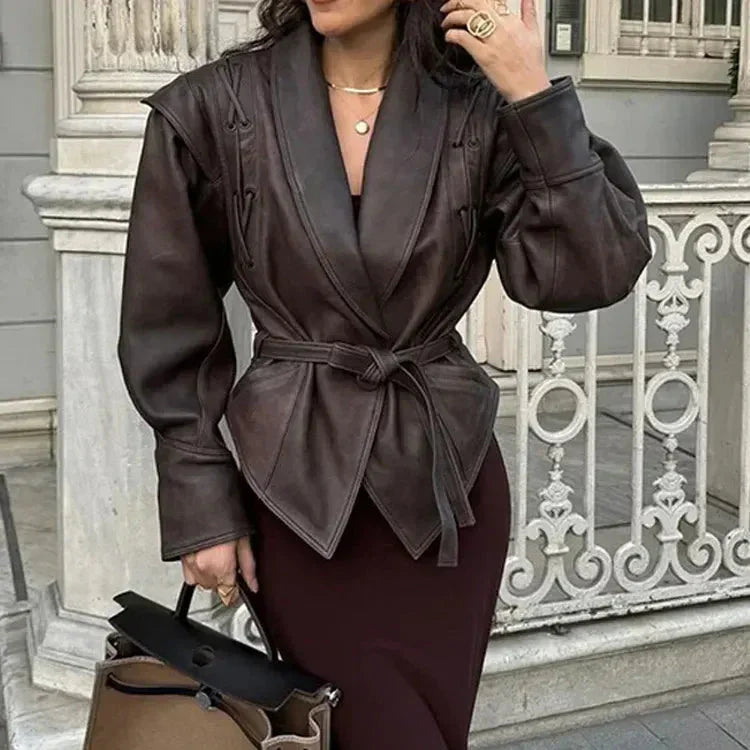 WW | Damen Lederjacke Taillierte Passform mit Gürtel