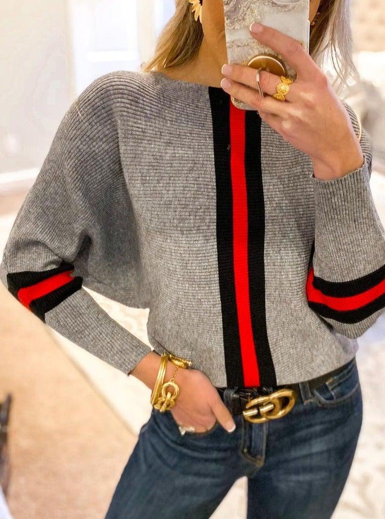 WW | Grauer Dolman Pullover mit Roten Streifen