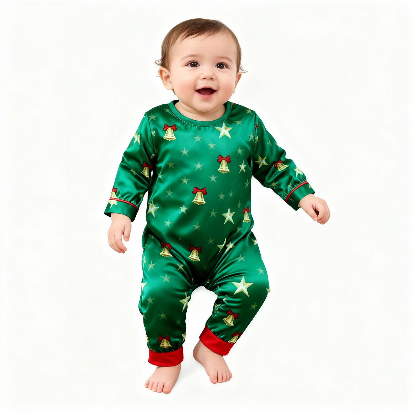 WW | Feiertagsfamilie Button-Down Grünes Satin Weihnachts-Pyjama-Set