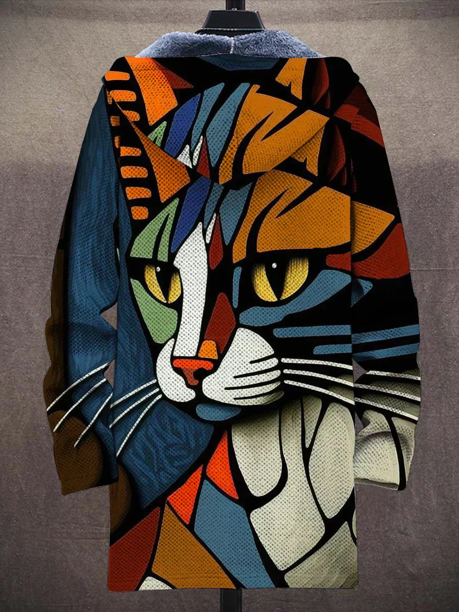 WW | Hooded Jacket with Artistic Cat Motif - Modern Casual Jacket for a Unique Look
