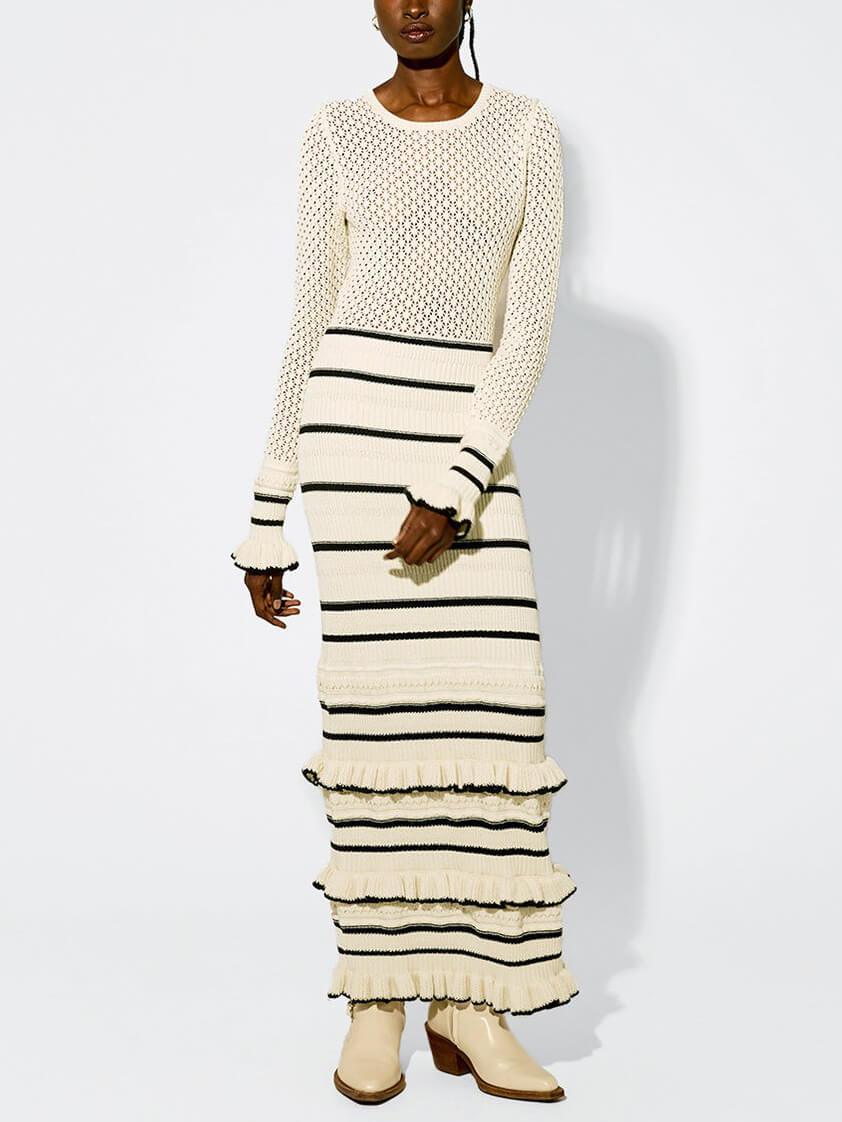 Knitted maxi dress with stripes, ruffles and long sleeves