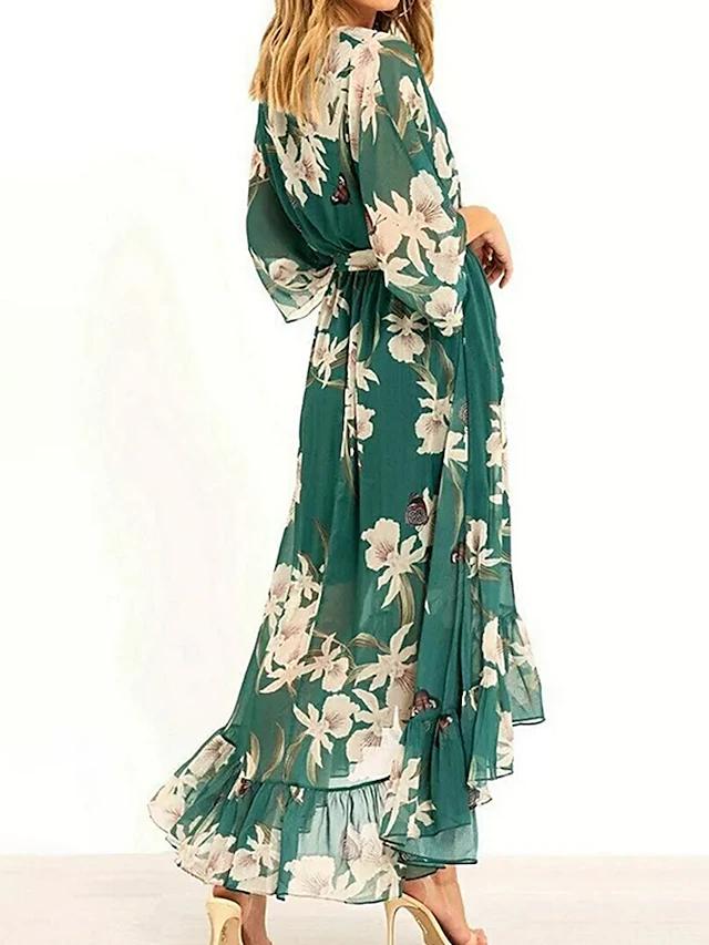 Marta - Green dress with 3/4-sleeves and patterned V-neck