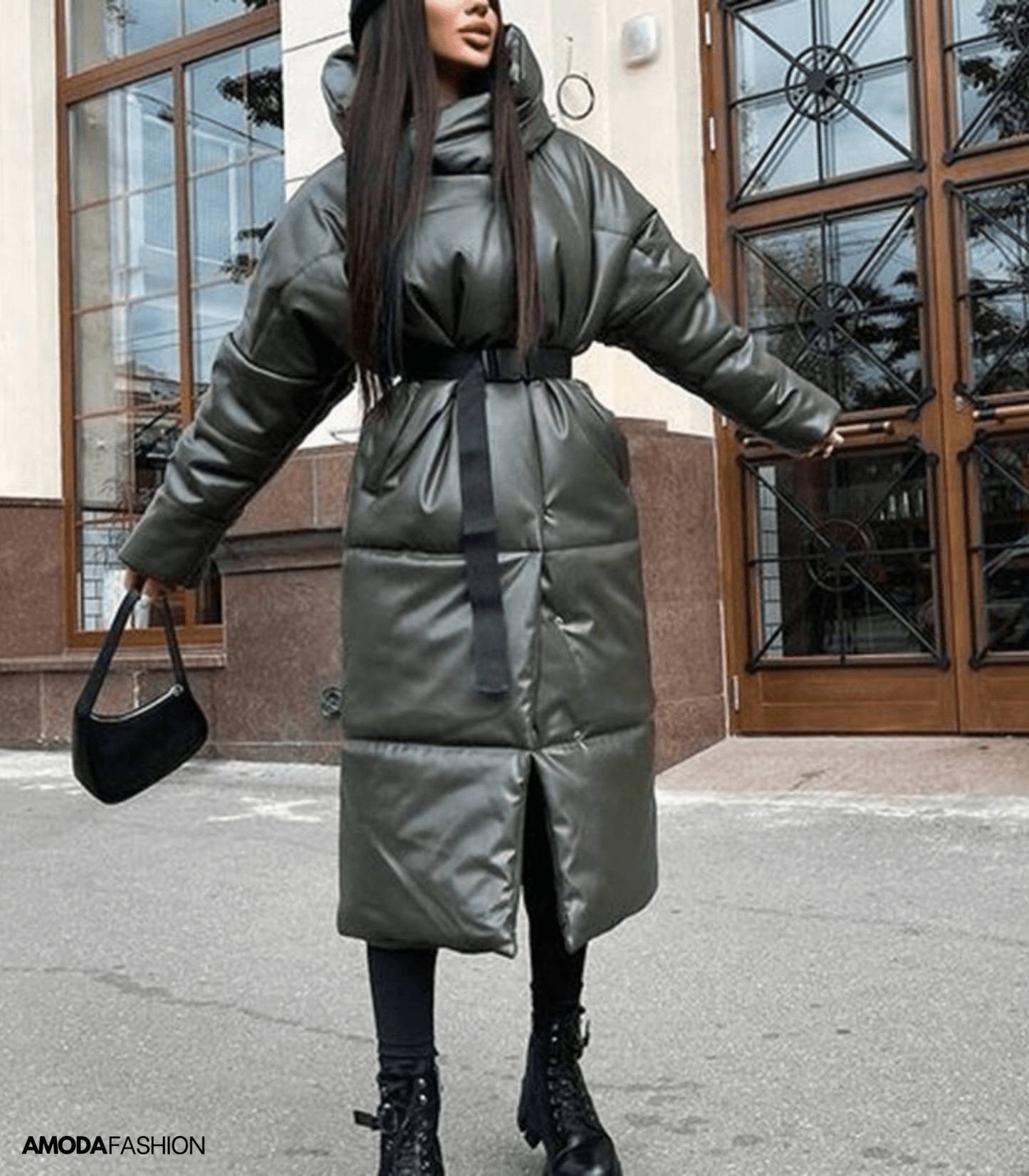 WW | Leder-Pufferjacke mit Gürtel