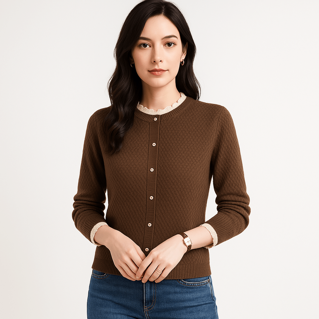 WW | Elegant Spitzen-Weste mit goldenen Knöpfen, strukturiertem Strick, schick