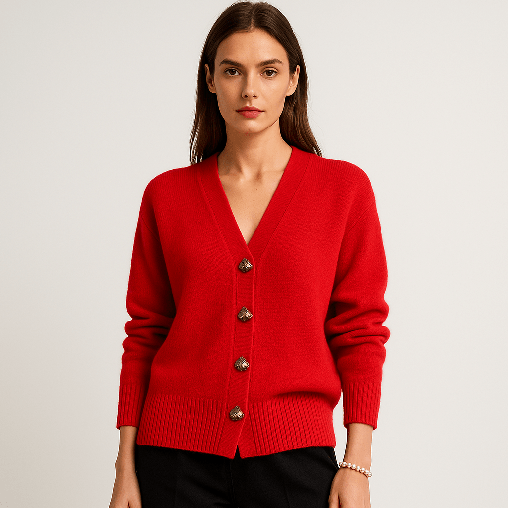 WW | Cardigan Grey V-Neck & Buttons Shell-Effect Soft and Elegant Knitwear