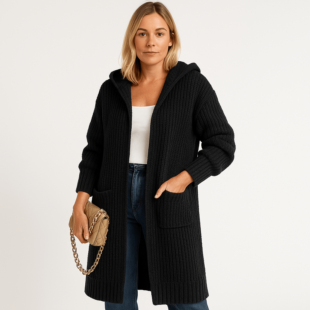 WW | Long and Comfortable Black Hoodie Cardigan Knit Comfort
