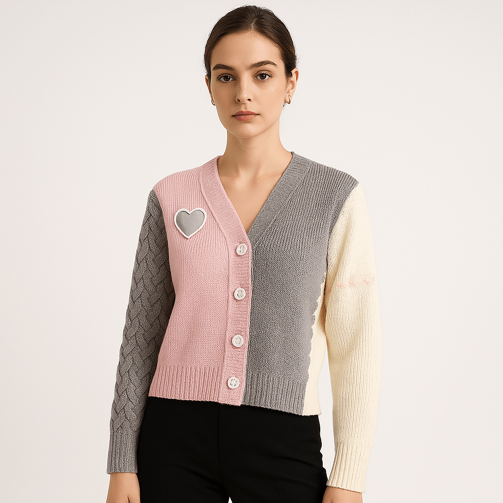 WW | Cardigan Patchwork Heart Textured Knit Creative, Soft & Trendy