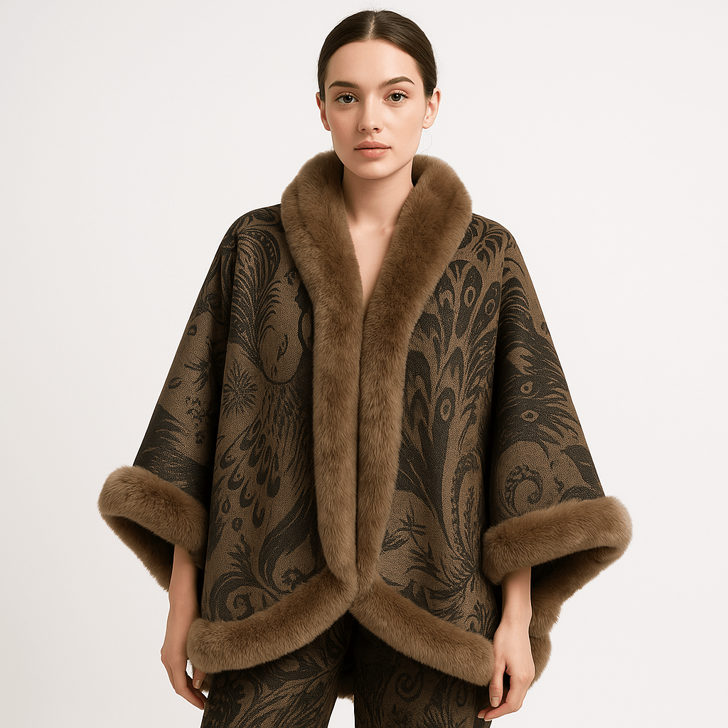 WW | Cape und Jacquard Weiches Pfauenmuster Elegante Bordüre mit Kunstfell