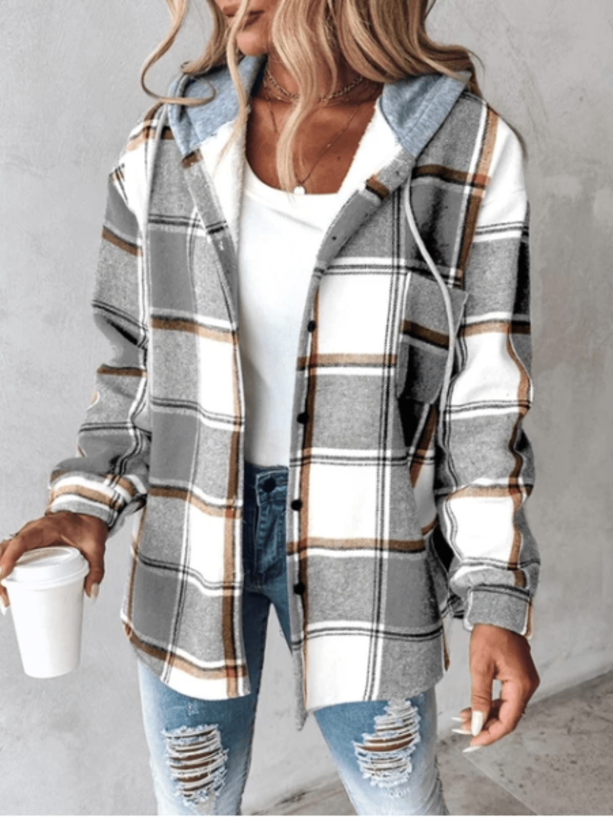 WW | Hooded Shirt Jacket Casual Style Plaid Pattern