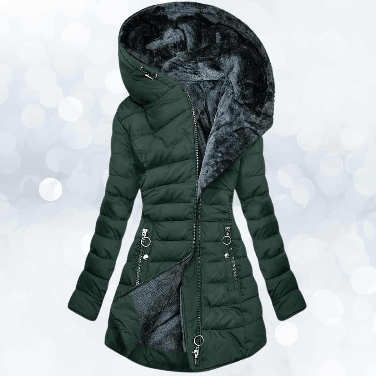 WW | Long quilted jacket with hood in dark green, ultra-warm faux fur lining