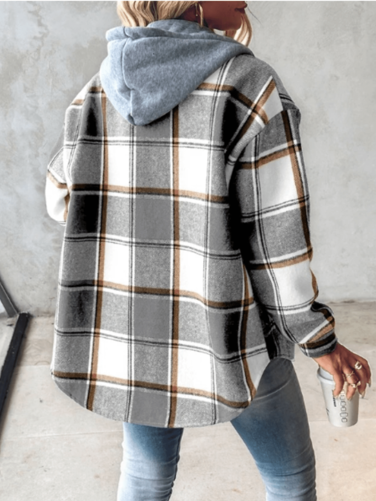 WW | Hooded Shirt Jacket Casual Style Plaid Pattern
