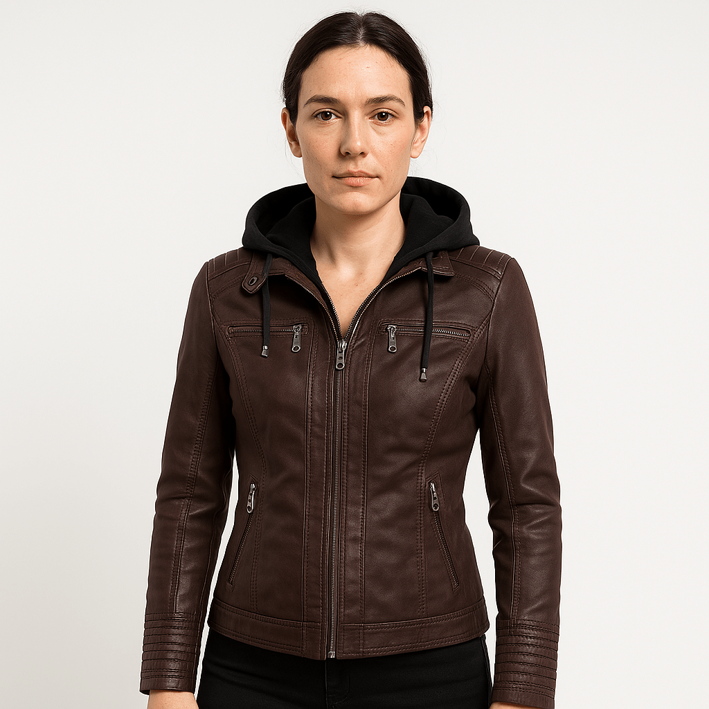 WW | Imitation Leather Jacket Brown in Biker Style with Hood Urban & Trendy Look