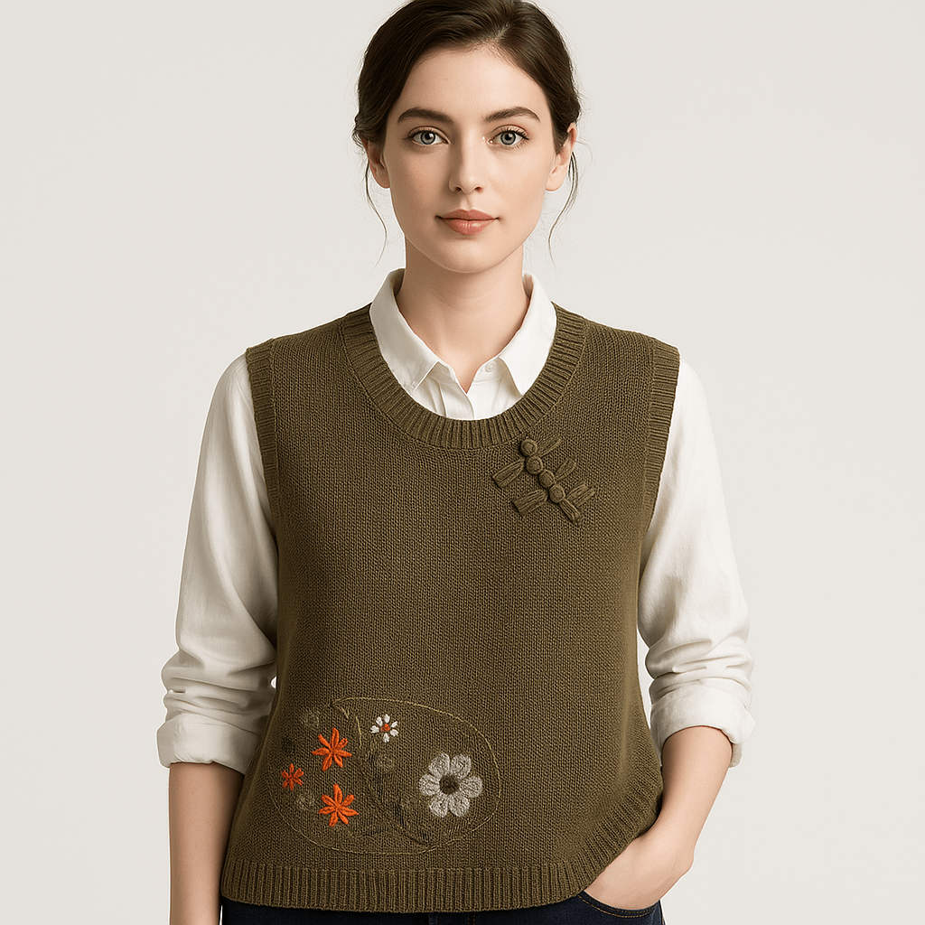 WW | Sleeveless embroidered Boho-style vest, loose fit & knot details