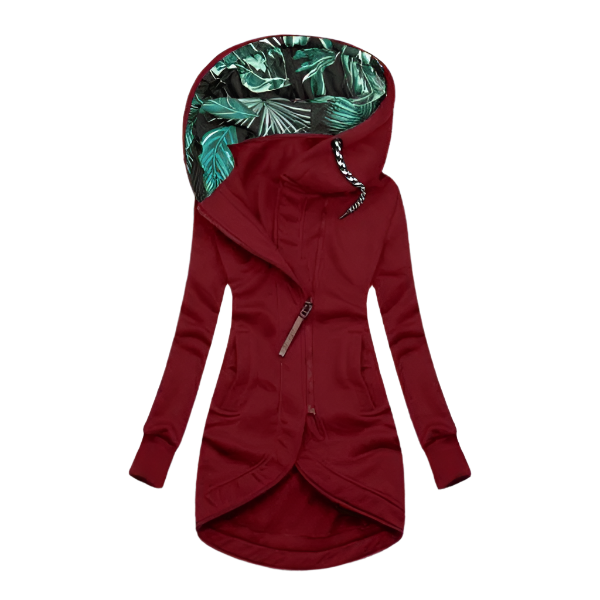 WW | Asymmetrische Kapuzenjacke - Fleece gefüttert - Blumendesign Innenkapuze - Outdoor Freizeitkleidung