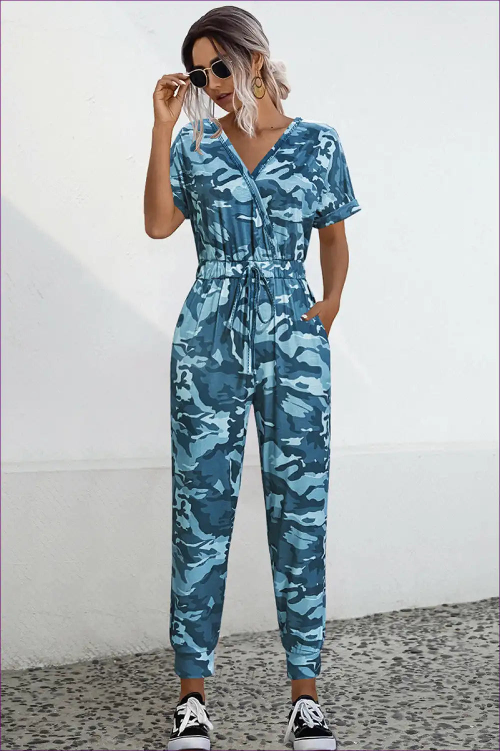 WW | Camo V-Neck Tie-Front Jumpsuit - Effortless Summer Cool
