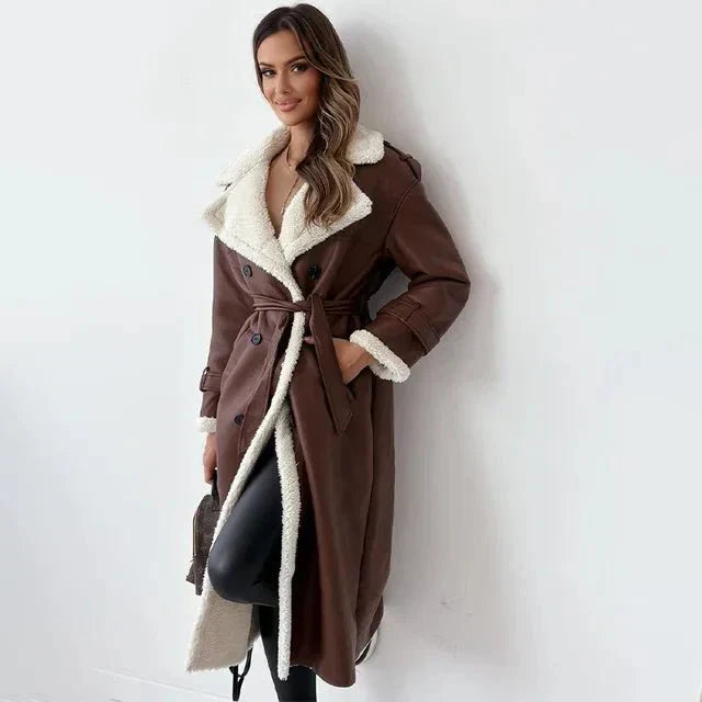WW | Women's Sheepskin Leather Coat – Long Length – Loose Fit – Double-Breasted Belt Design