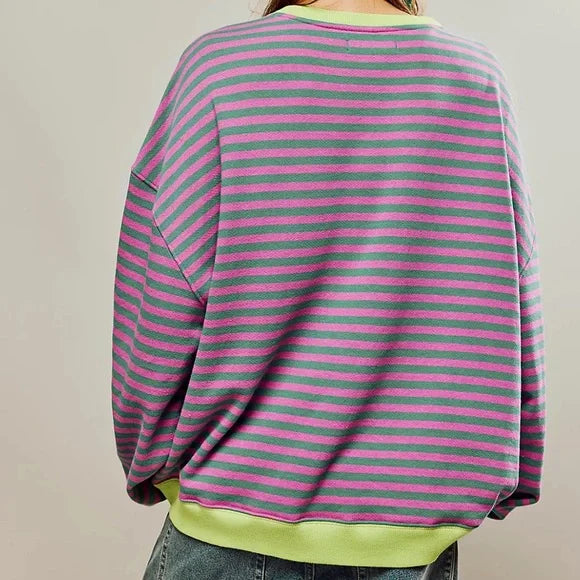 Helen Striped Oversized Sweater with Coastal Flair - Green / Pink