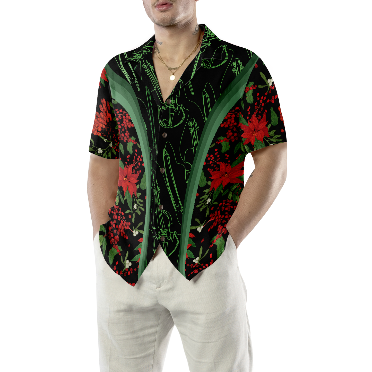 WW | Hyperfavor Christmas Hawaiian Shirts, Christmas Fiddle Music Pattern Shirt Short Sleeve, Christmas Shirt Gift Idea for Men and Women
