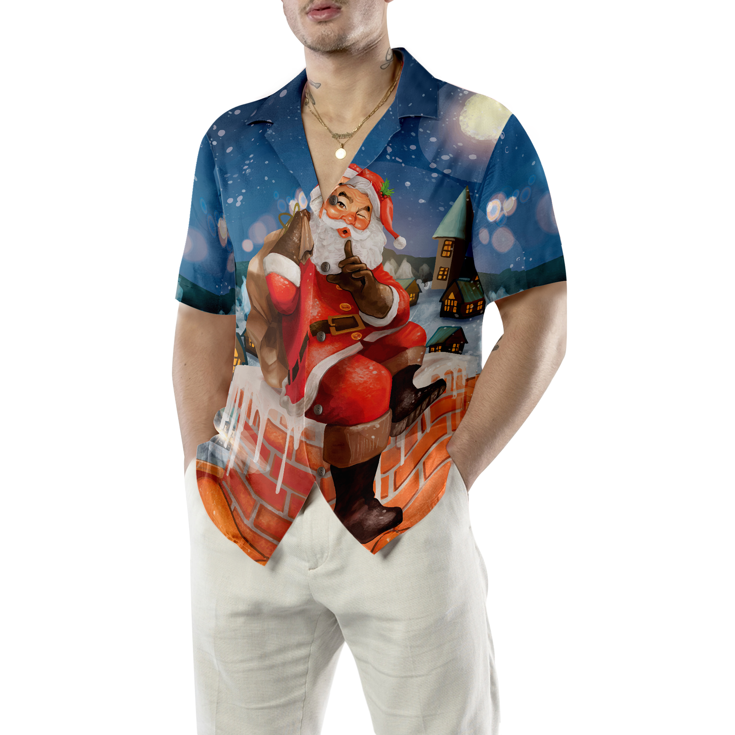 WW | Hawaiian-Shirts, Santa mit Geschenk T-Shirt Kurzarm, Weihnachts-Shirt Geschenkidee für Männer und Frauen