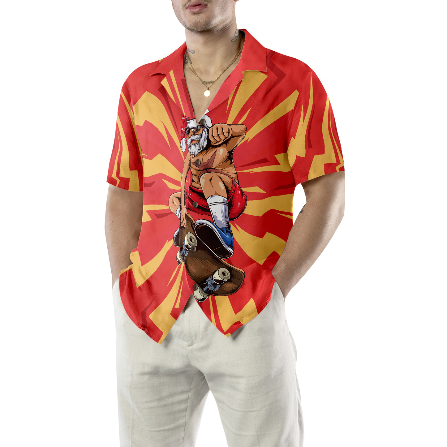 WW | Hyperfavor Weihnachten Hawaiian-Shirts für Männer und Frauen, Santa Skateboarder Hawaiian-Shirt Kurzarm Hemd