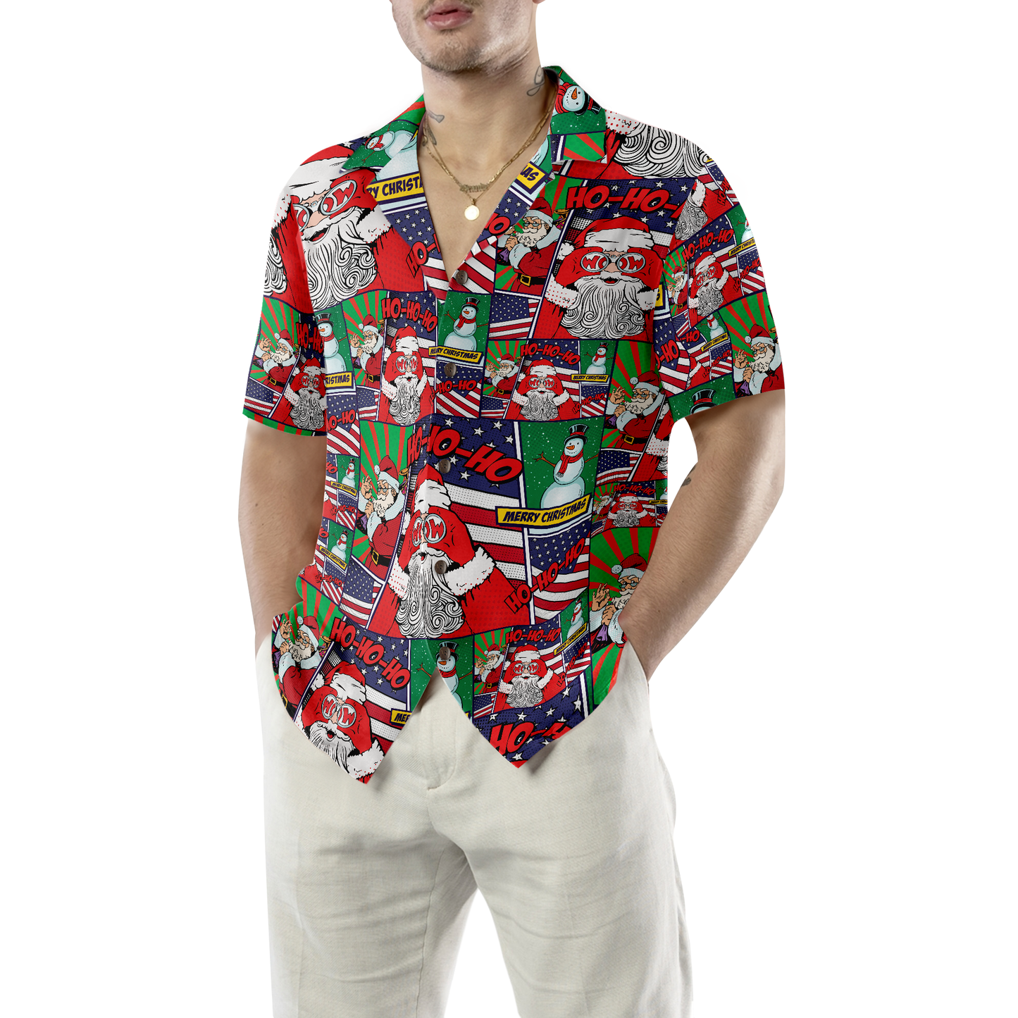 WW | Hawaiian Shirts, Santa with American Flag Comic Style Short Sleeve Shirt, Christmas Shirt Gift Idea for Men and Women