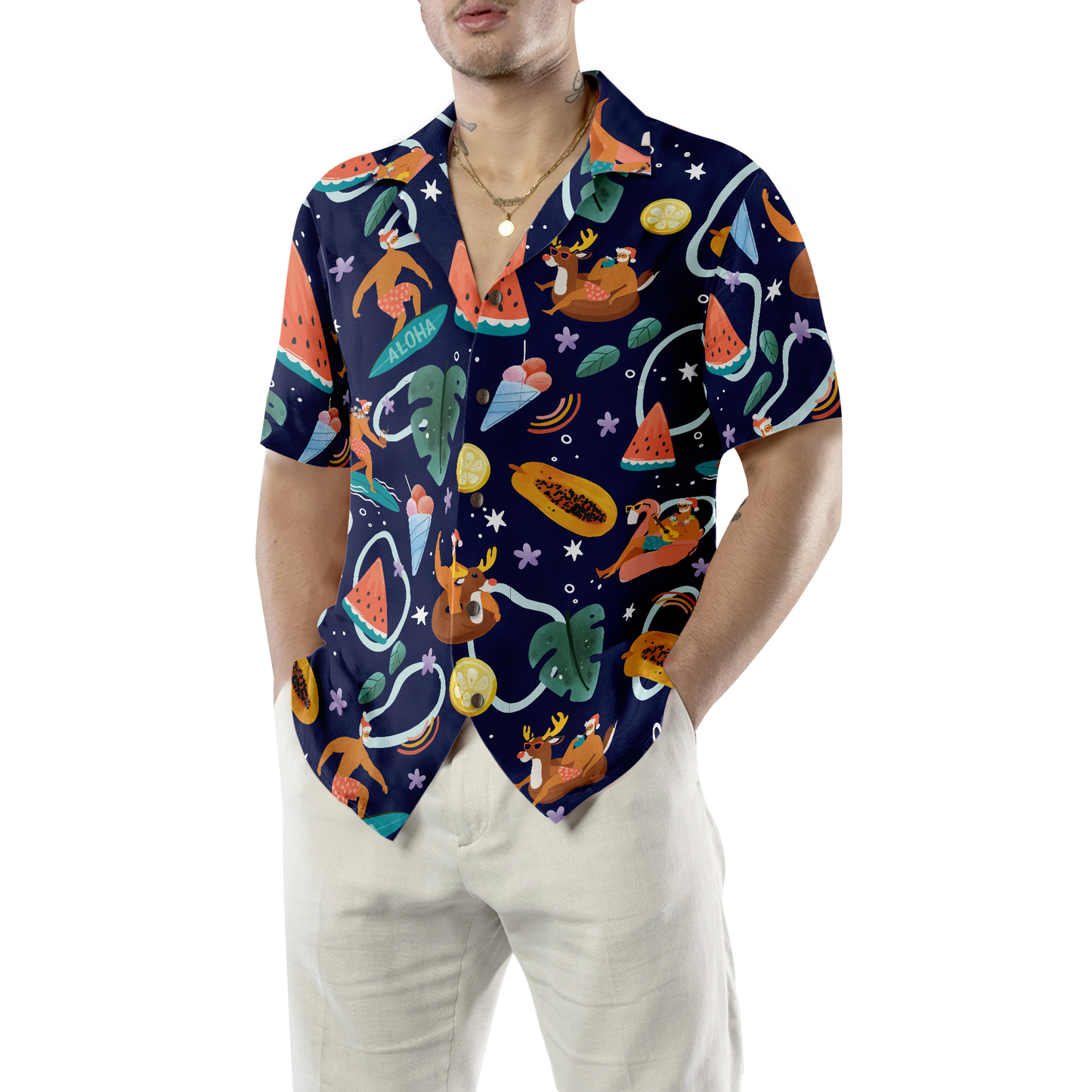 WW | Hyperfavor Santa Beach 1 Muster Hawaiian Shirt, Weihnachtshemden Kurzarm Button-Down-Shirt für Männer und Frauen