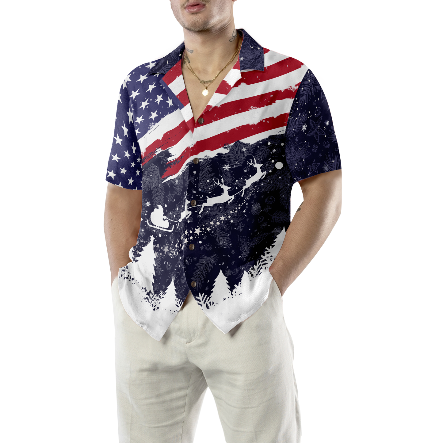 WW | Hyperfavor Weihnachts-Hawaiianhemden, Frohe Weihnachten USA-Flaggenmuster-Shirt Kurzarm, Weihnachtshemd-Idee Geschenk für Männer und Frauen