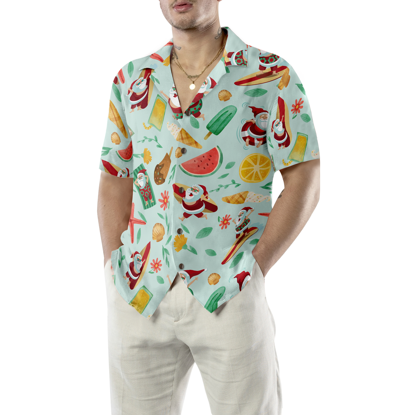 WW | Hyperfavor Santa Surfing 2 Muster Hawaiianhemd, Weihnachtshemden Kurzarm Knopf-down Hemd für Herren und Damen