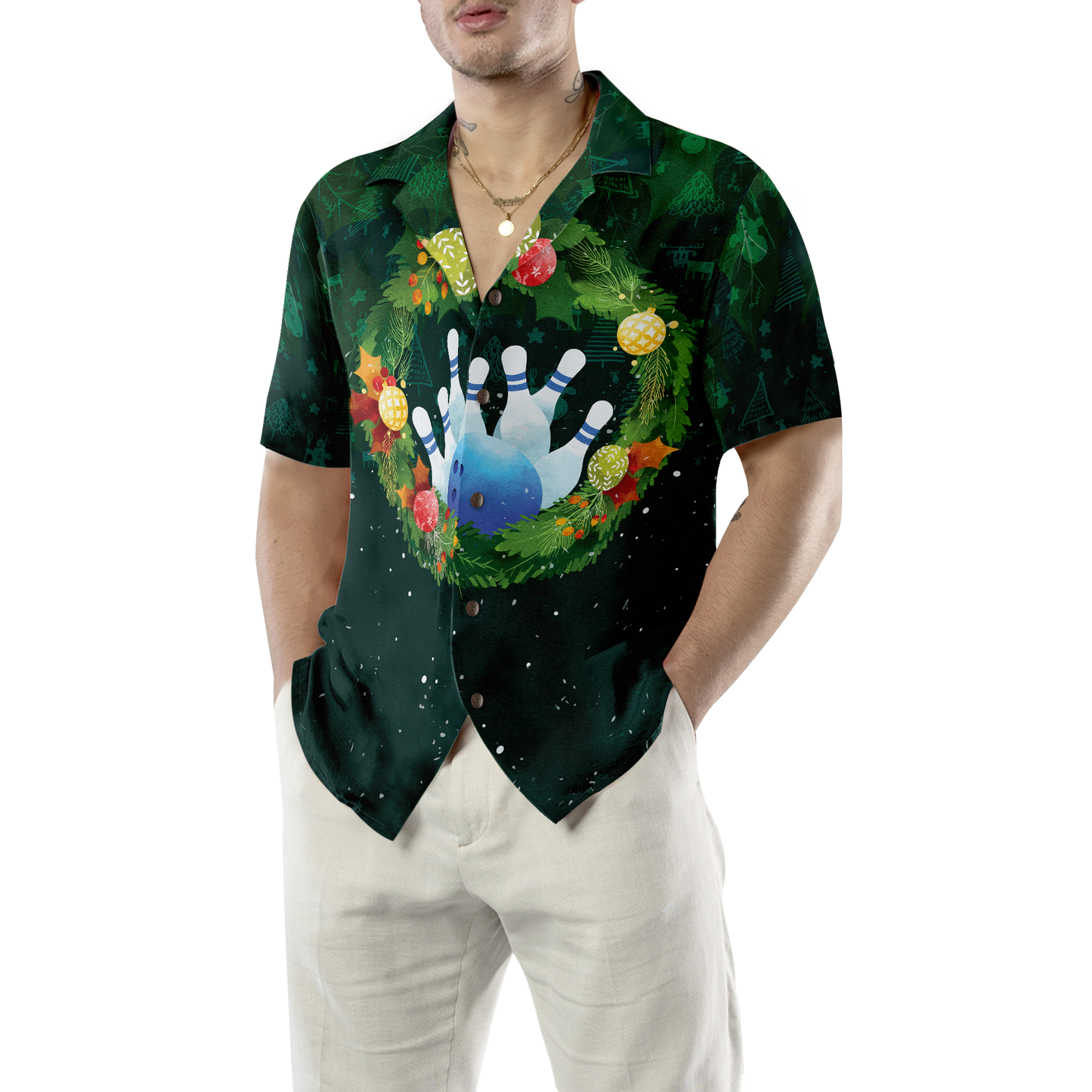 WW | Hyperfavor Weihnachts-Hawaiian-Shirts für Männer und Frauen, Weihnachtskranz Bowling Hawaiian Shirt Knopfkragen Kurzarm