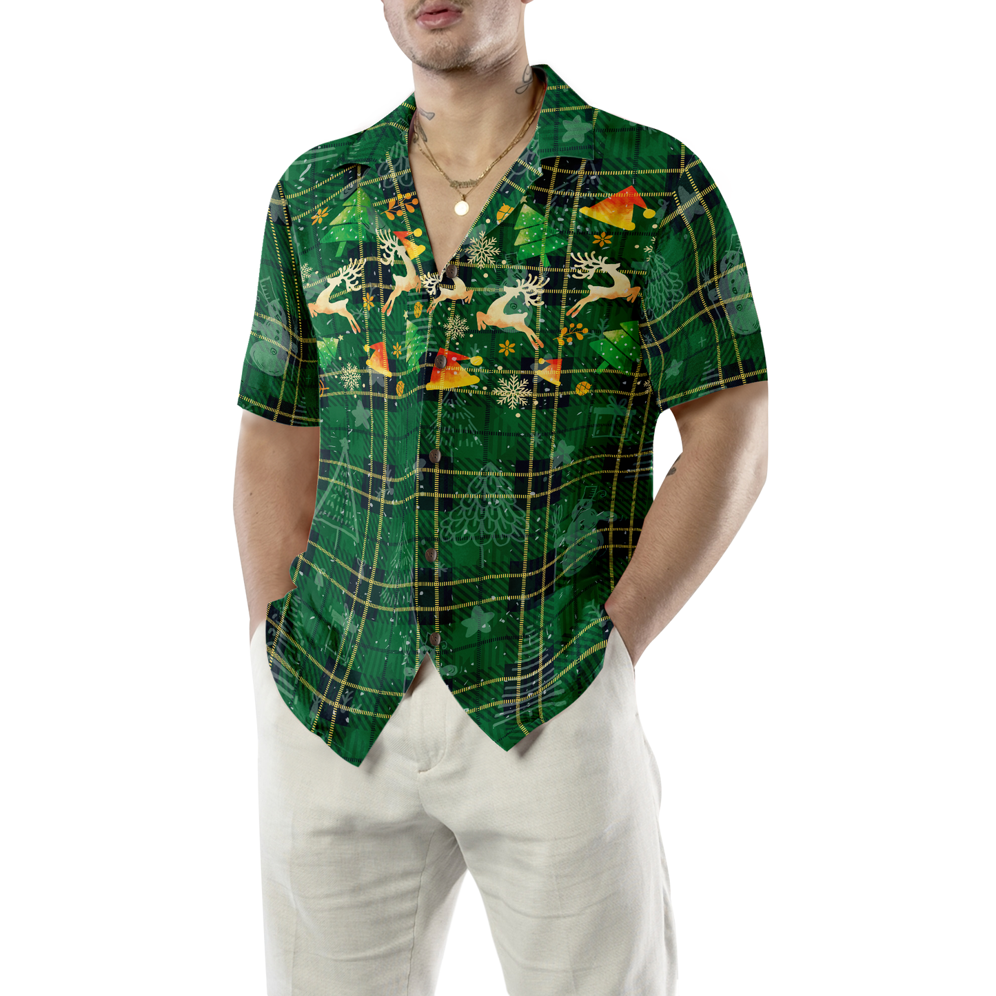 WW | Hyperfavor Weihnachts-Hawaiianhemden für Männer und Frauen, Weihnachts-Rentier grünes Plaid-Muster Hawaiianhemd mit Knopfleiste Kurzarm