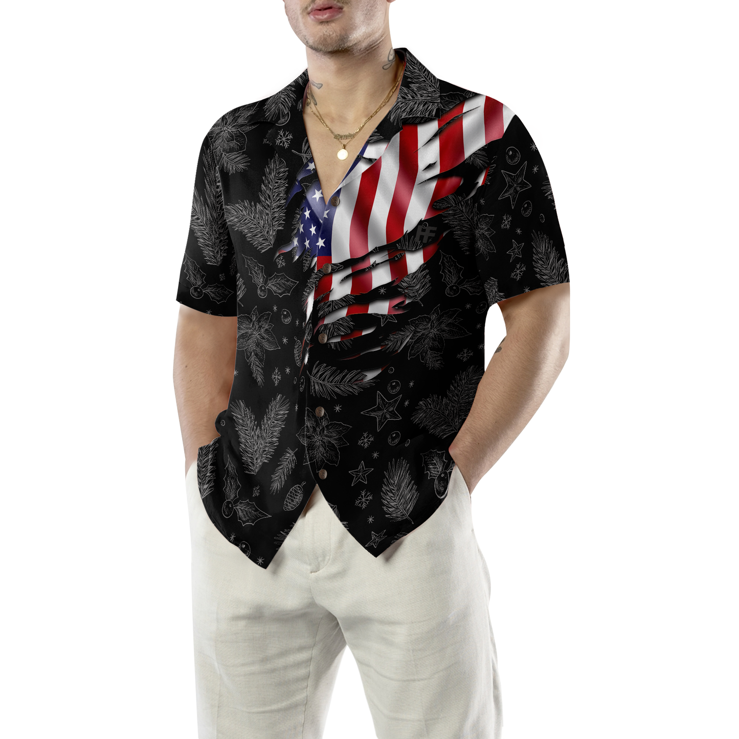 WW | Hyperfavor Weihnachts-Hawaiianhemden, Weihnachts-USA-Flaggenmuster-Hemd Kurzarm, Weihnachtshemden-Idee Geschenk Für Männer Und Frauen