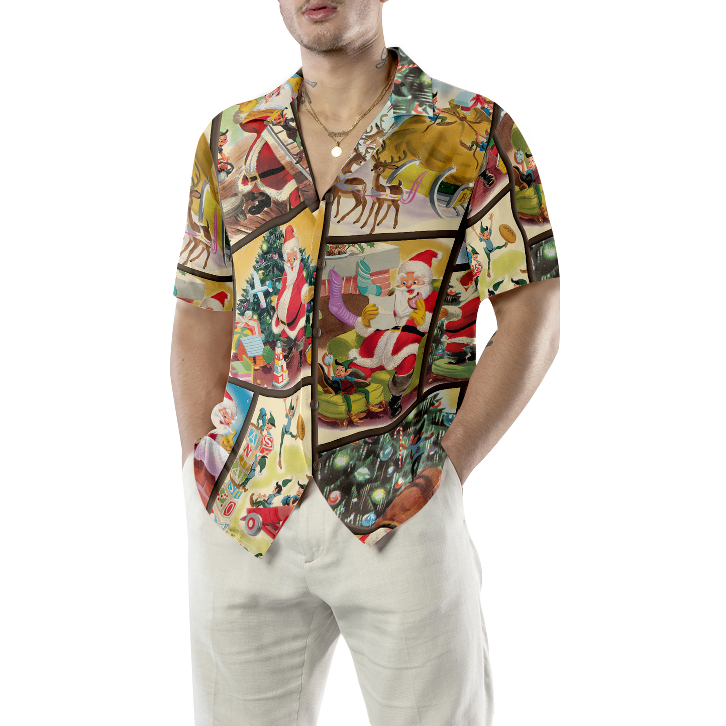 WW | Hyperfavor Weihnachten Hawaiian Shirts für Herren und Damen, Santa Elf Geschenk Hawaiian Shirt Knopfleiste Kurzarm