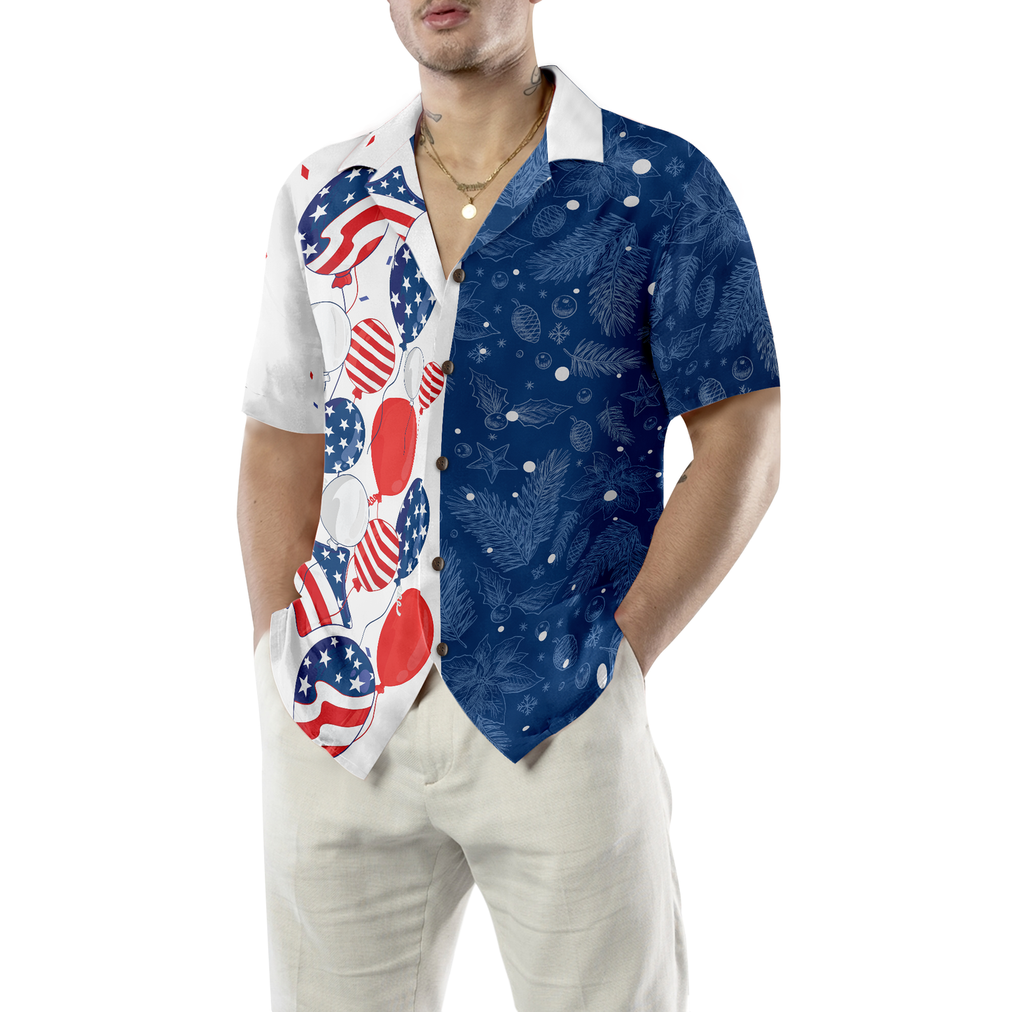 WW | Hyperfavor Weihnachten USA Ballons Muster Hawaiian Shirt, Weihnachtshemden Kurzarm Button-Down-Hemd für Männer und Frauen