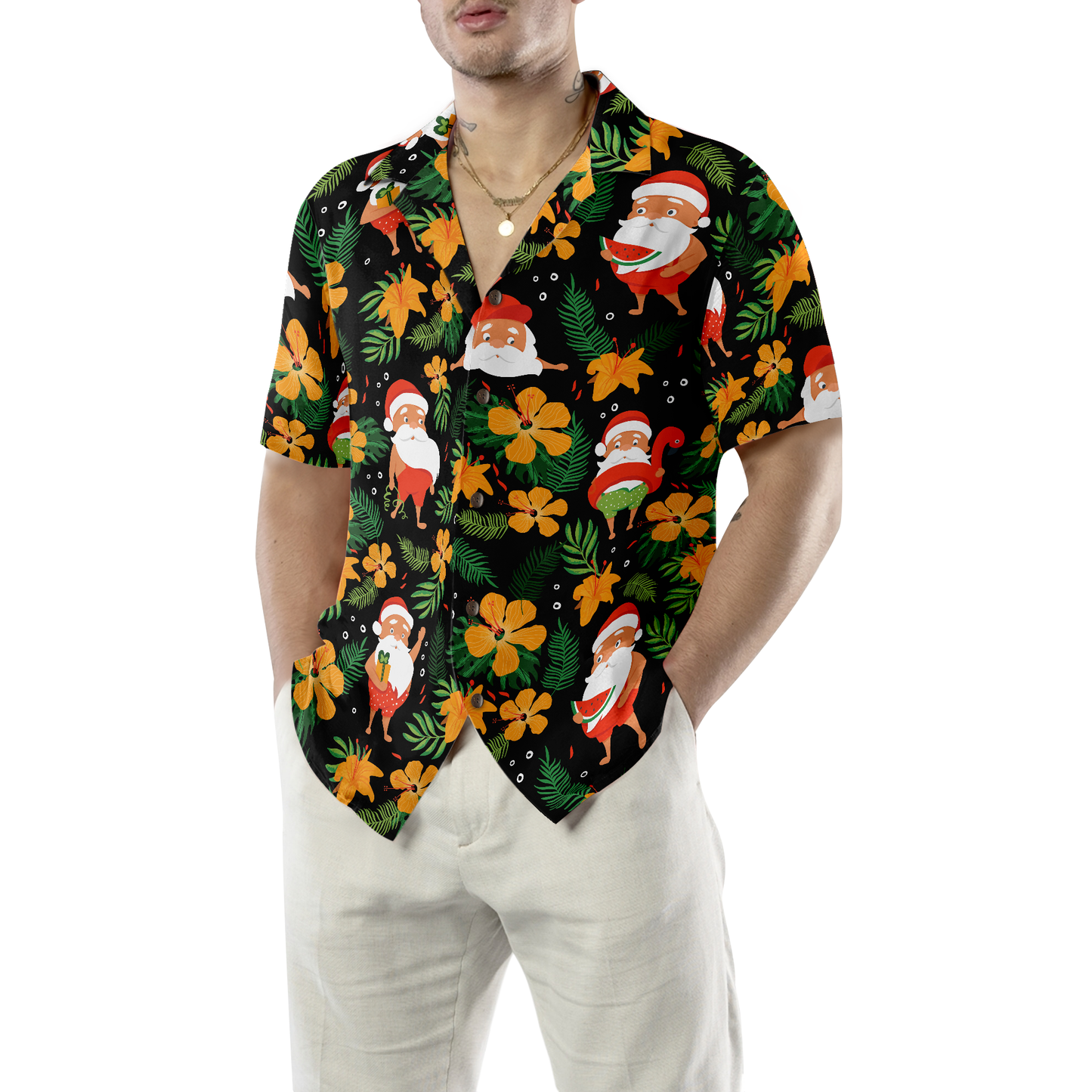 WW | Hyperfavor Weihnachts-Hawaiianhemden, Santa Schwimmendes tropisches Muster kurzärmliges Hemd, Weihnachtshemd Idee Geschenk für Männer und Frauen