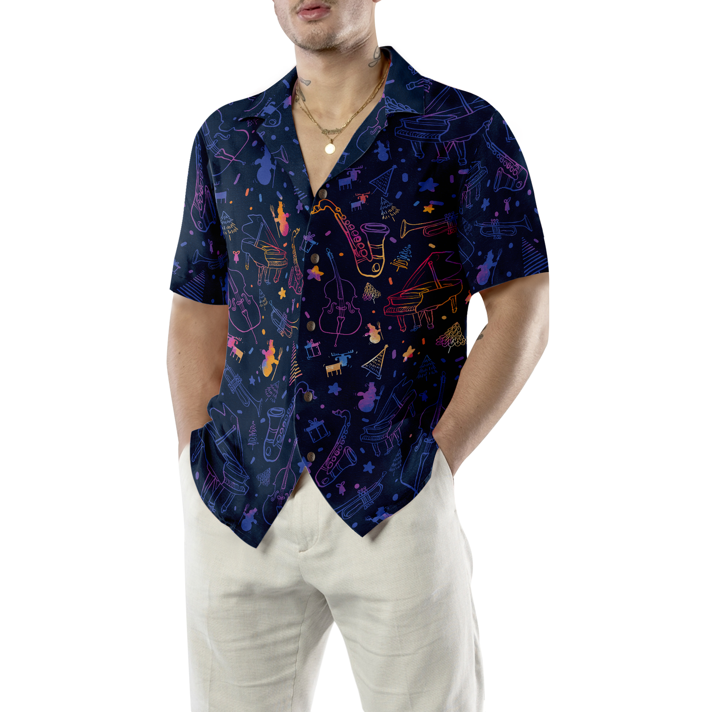 WW | Hyperfavor Weihnachts-Hawaiianhemden, Weihnachtsmusikinstrumente Muster Hemd Kurzarm, Weihnachtshemd Geschenkidee für Männer und Frauen