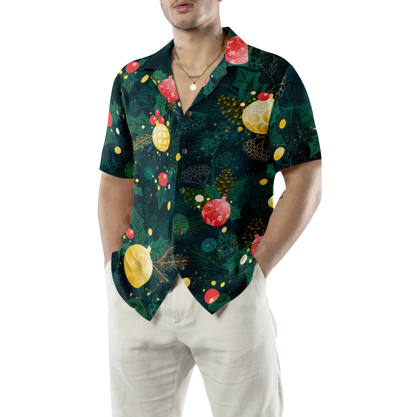 WW | Hyperfavor Weihnachts-Hawaiianhemden, Weihnachtsbaumornament-Musterhemd Kurzarm, Weihnachtshemd Geschenkidee für Männer und Frauen