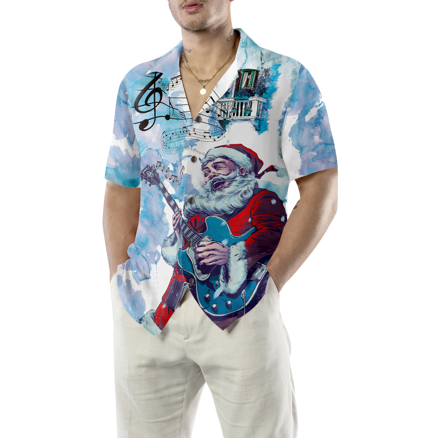 WW | Hyperfavor Weihnachts-Hawaiianhemden, Weihnachtsmann-Gitarrenmusik-Musterhemd Kurzarm, Weihnachtshemden-Idee Geschenke für Männer und Frauen