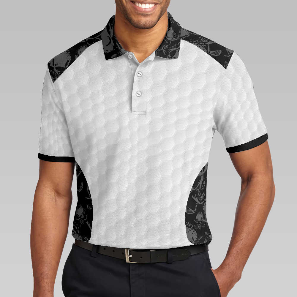 WW | Grip It Rip It Sip It Golf Weißes Polohemd, Totenkopf-Musterhemd für Weihnachten, Gruselige Geschenkidee für Golfer