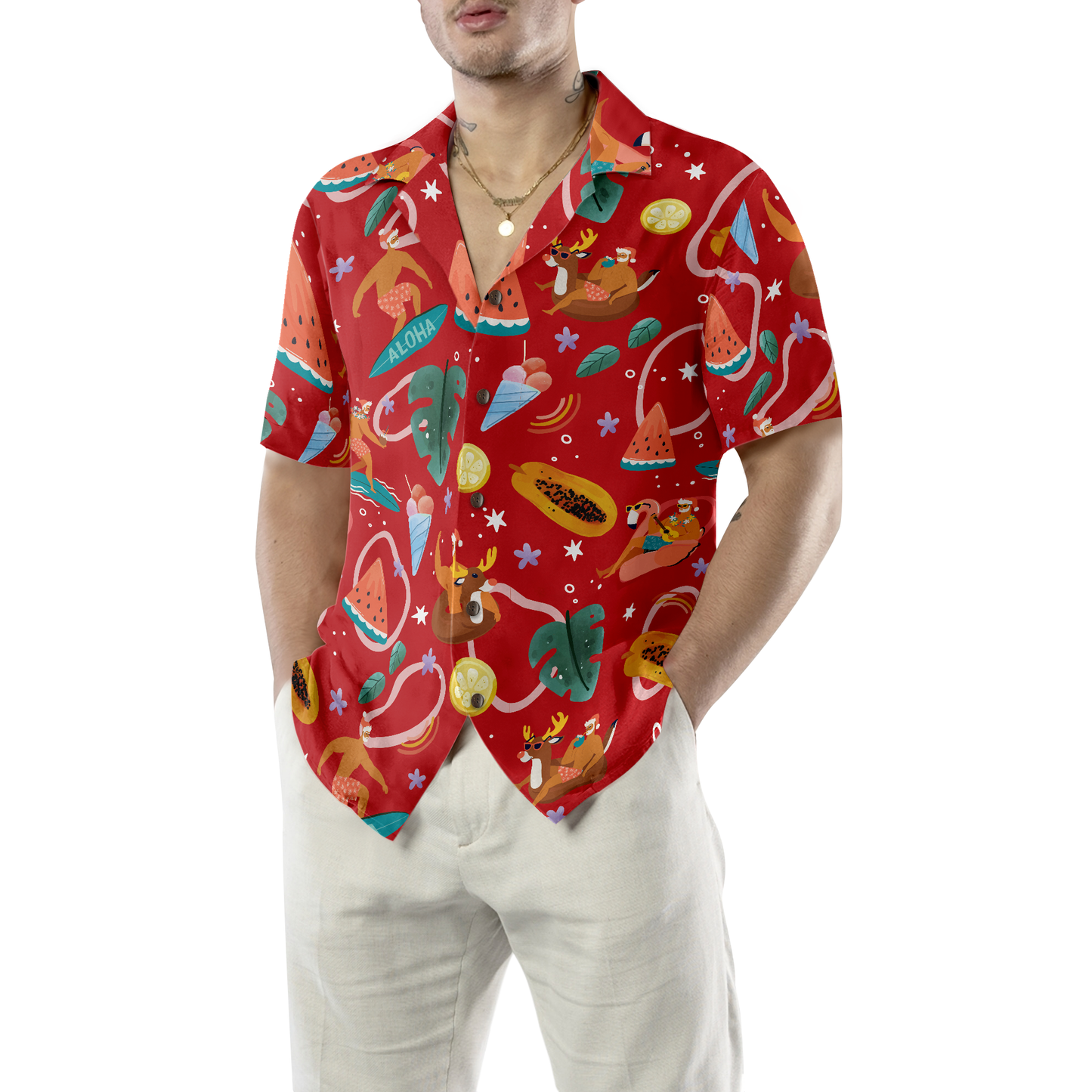 WW | Hyperfavor Santa Surfing 3 Muster Hawaiian Shirt, Weihnachtshemden Kurzarm Button Down Shirt für Männer und Frauen