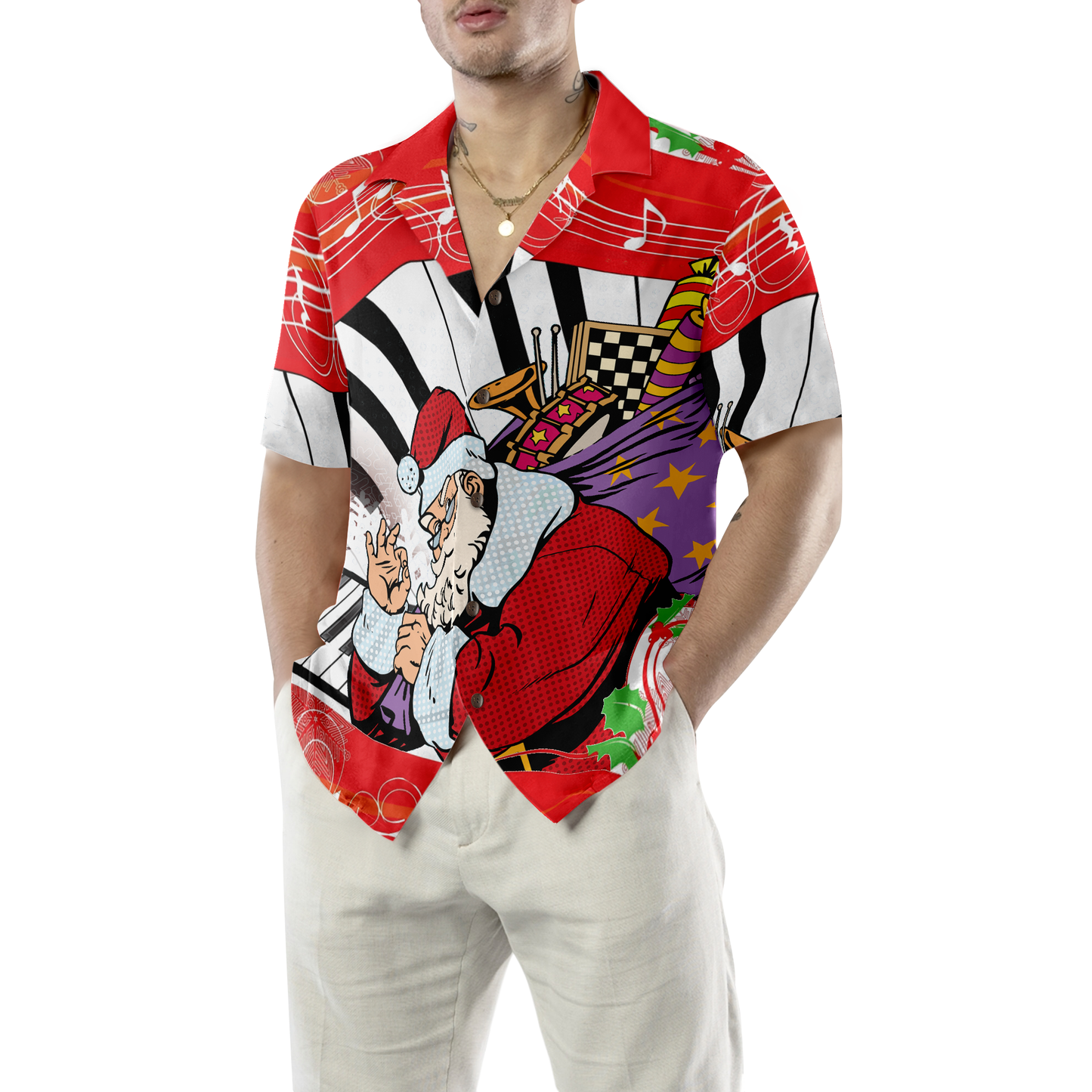 WW | Hyperfavor Weihnachten Hawaiian Shirts, Weihnachtsmann Mit Klavier Hintergrund Kurzarmshirt, Weihnachtshemden Geschenkidee Für Männer Und Frauen