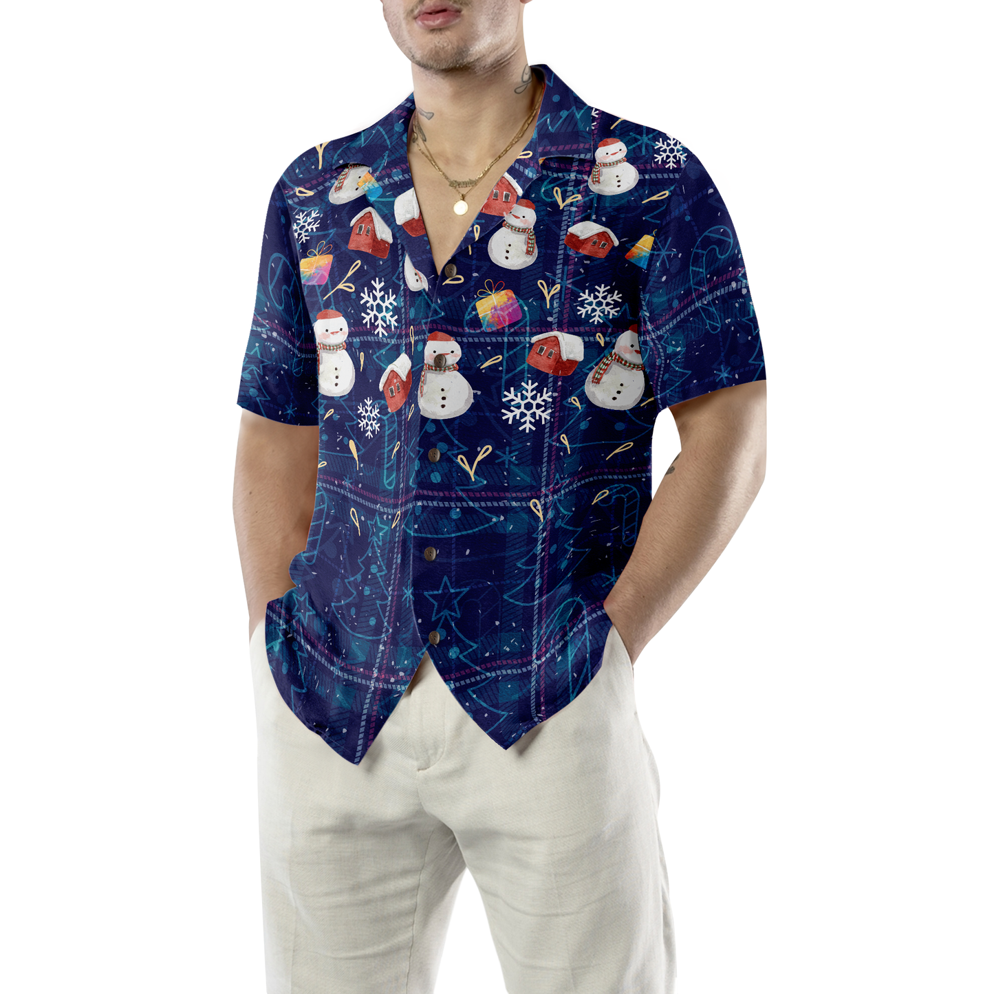 WW | Hyperfavor Weihnachts-Hawaiianhemden, Weihnachts-Schneemann dunkelblau kariertes Musterhemd mit kurzen Ärmeln, Weihnachtshemden Geschenkidee für Männer und Frauen