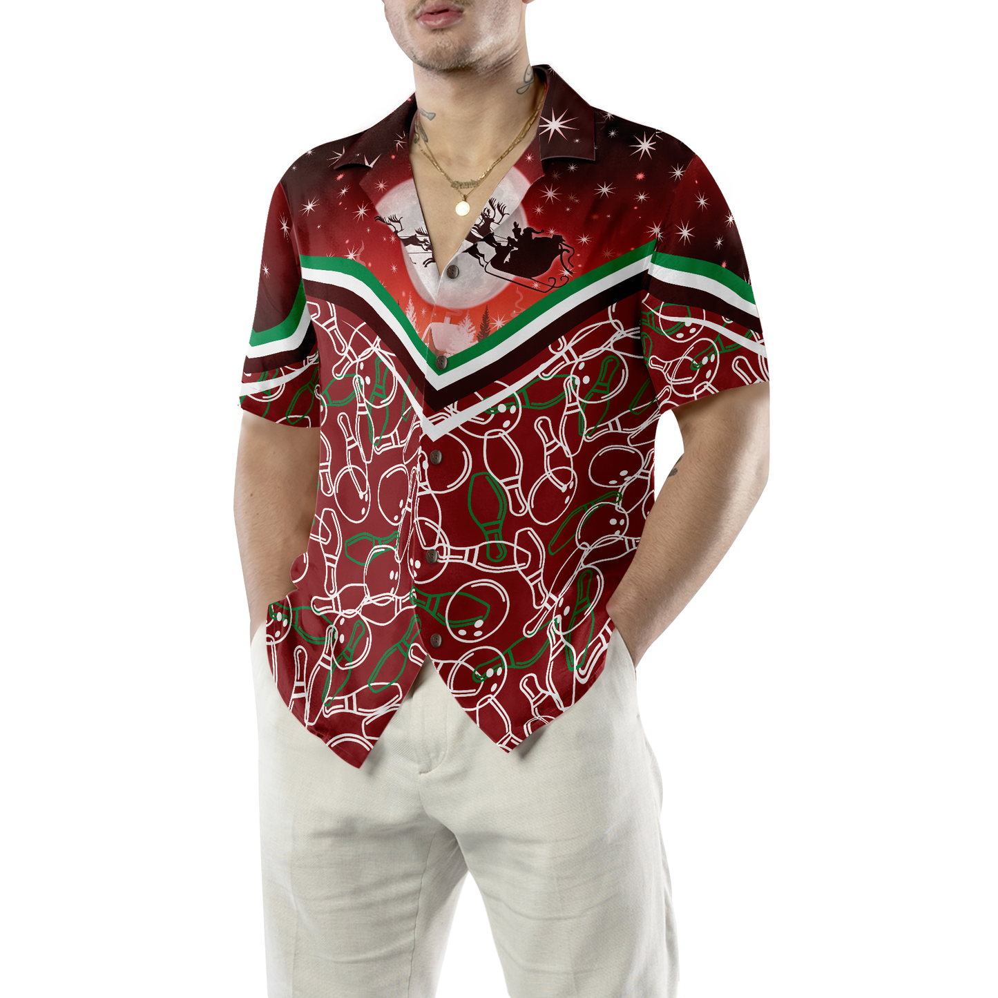 WW | Hyperfavor Weihnachts-Hawaiian-Shirts, Weihnachtsnacht mit Bowling-Muster Shirt Kurzarm, Weihnachts-Shirt Geschenkidee für Männer und Frauen