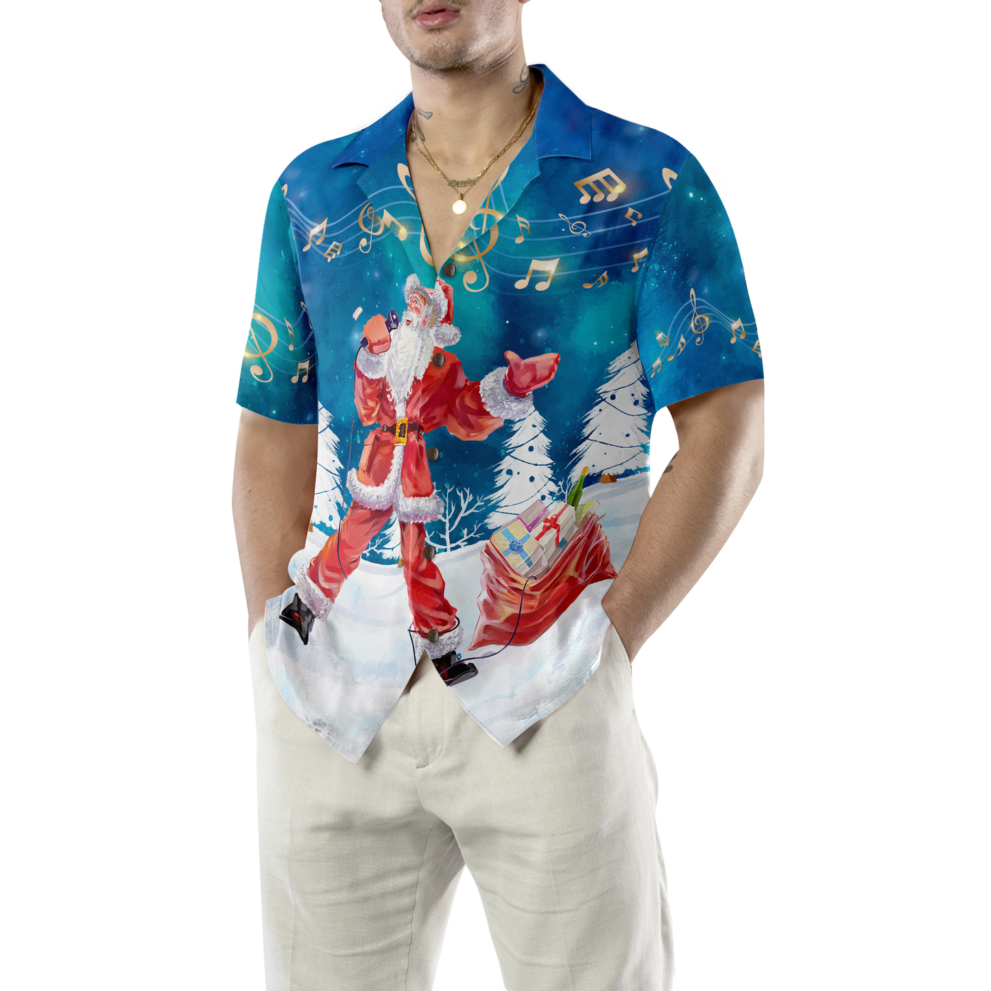 WW | Hyperfavor Weihnachts-Hawaii-Hemden für Herren und Damen, Santa Sing Musik Hawaiian Shirt mit Knopfleiste Kurzarm