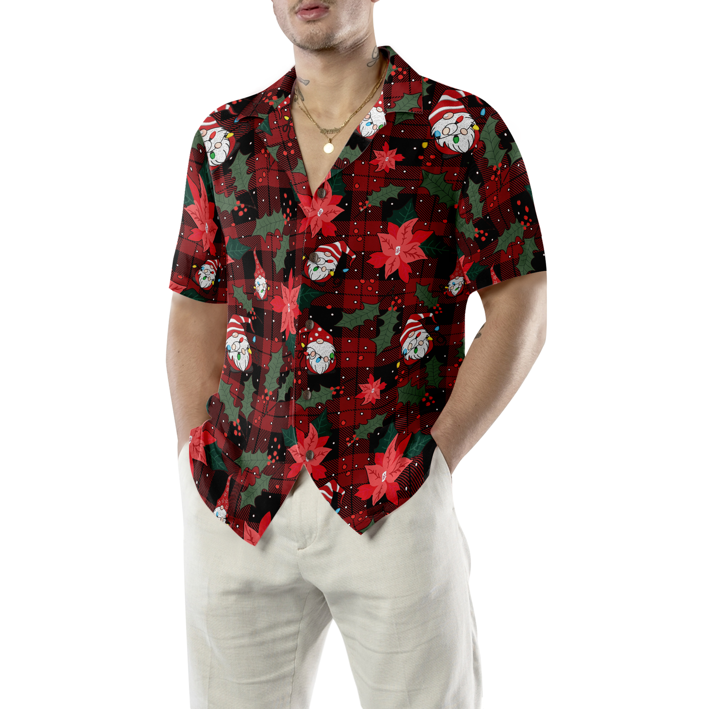 WW | Hyperfavor Christmas Hawaiian Shirts, Red Plaid Gnome Short Sleeve Shirt, Christmas Shirts Gift Idea for Men and Women