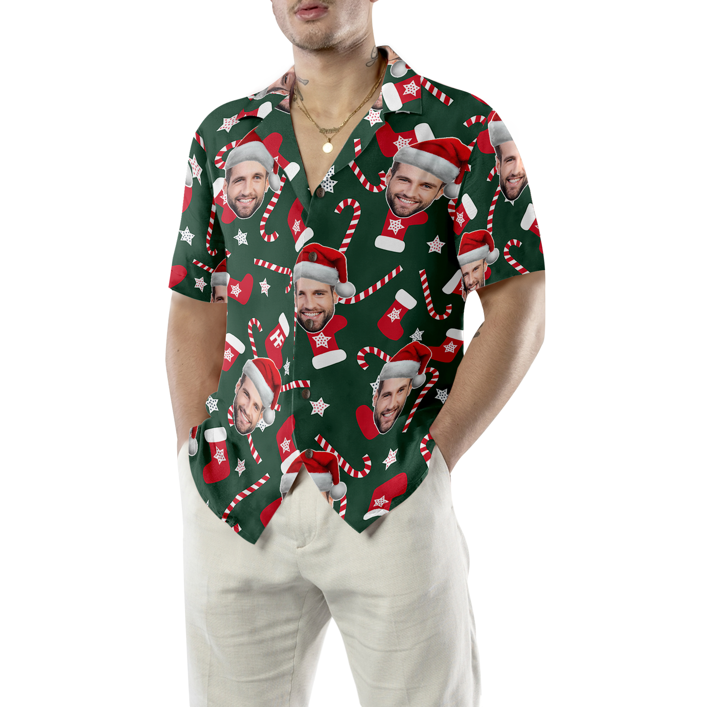 WW | Lustiges benutzerdefiniertes Gesicht Weihnachtsmuster nahtlos 02 benutzerdefiniertes Hawaiihemd