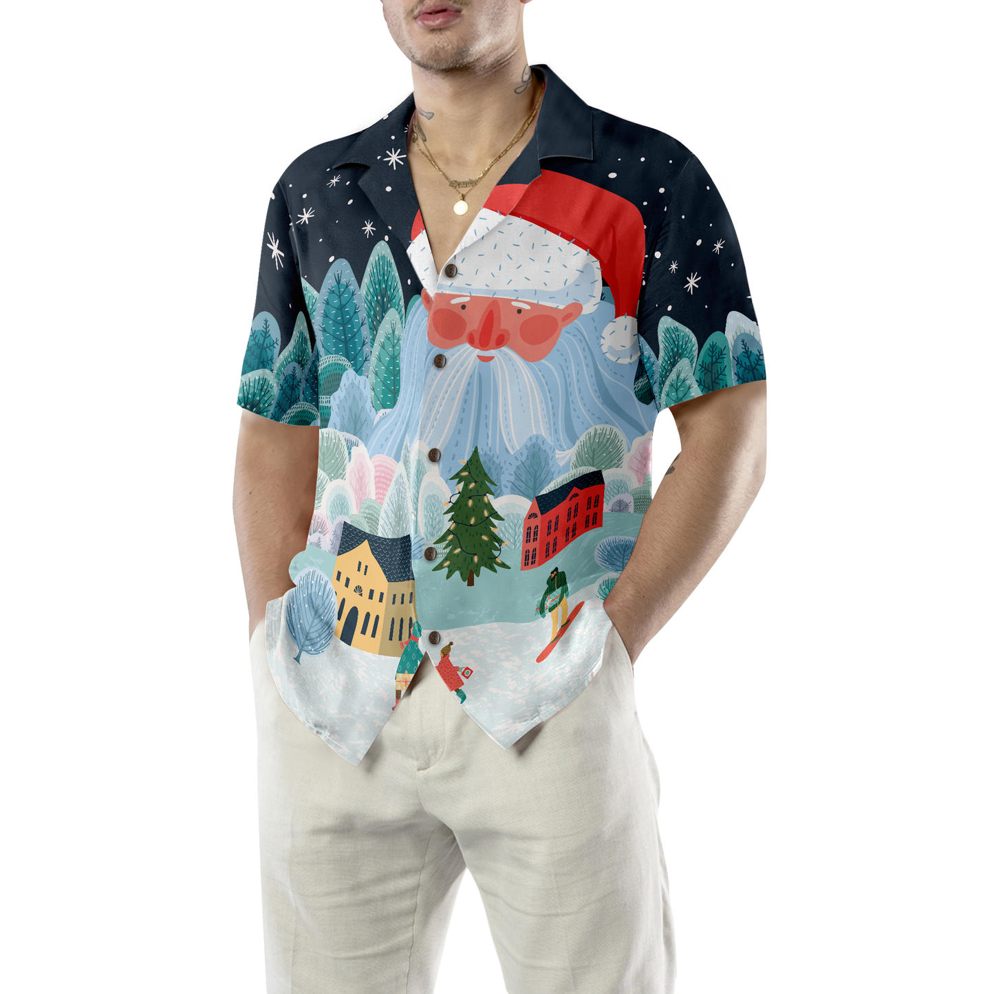 WW | Hyperfavor Weihnachten Hawaiian Shirts für Männer und Frauen, Xmas Santa Tower Hawaiian Shirt Button Down Shirt Kurzarm