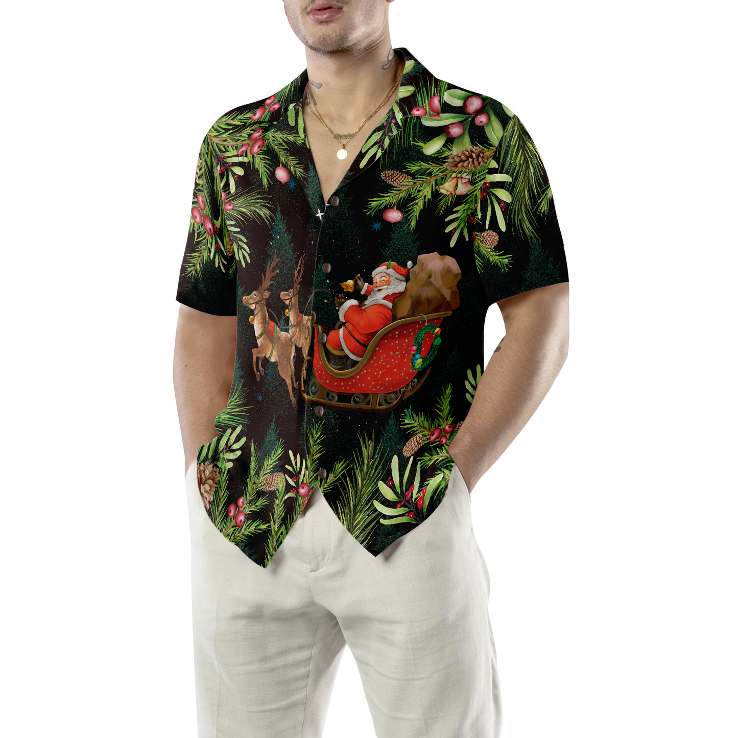WW | Hyperfavor Santa Santa Riding Sleigh 3 Patterns Hawaiian Shirt, Christmas Shirts Short Sleeve Button Down Shirt For Men And Women