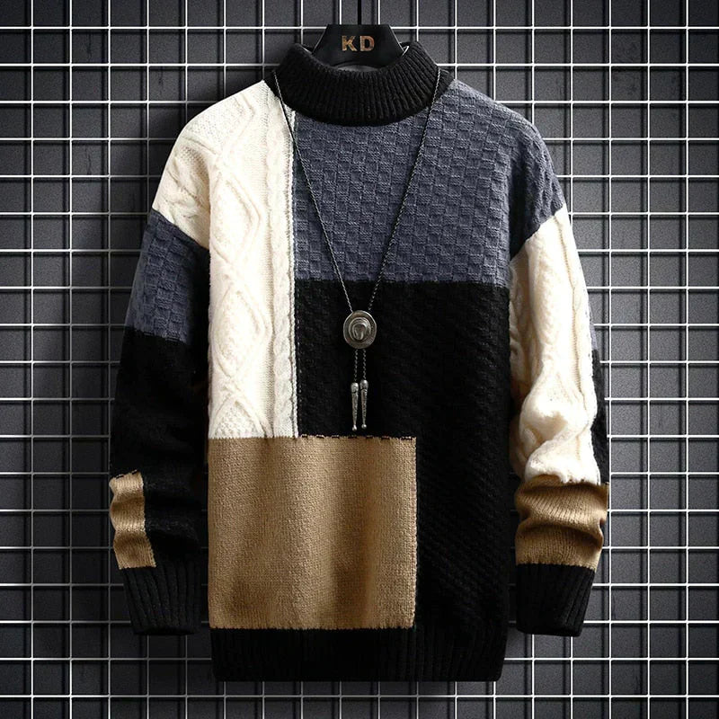 WW | Patchwork Knit Stand-Up Collar Cable Knit and Waffle Pattern Loose Fit