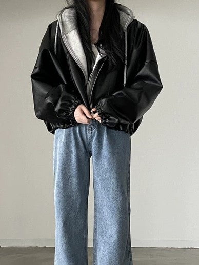WW | Vintage Kordelzug Veganes Lederjacke mit Kragen