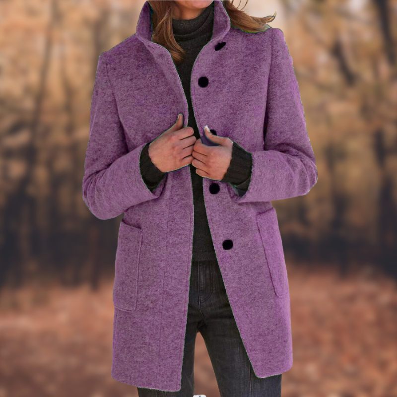 WW | Women's Coat – Wool Blend – Mid-Length Fitted – Button Closure with Pockets